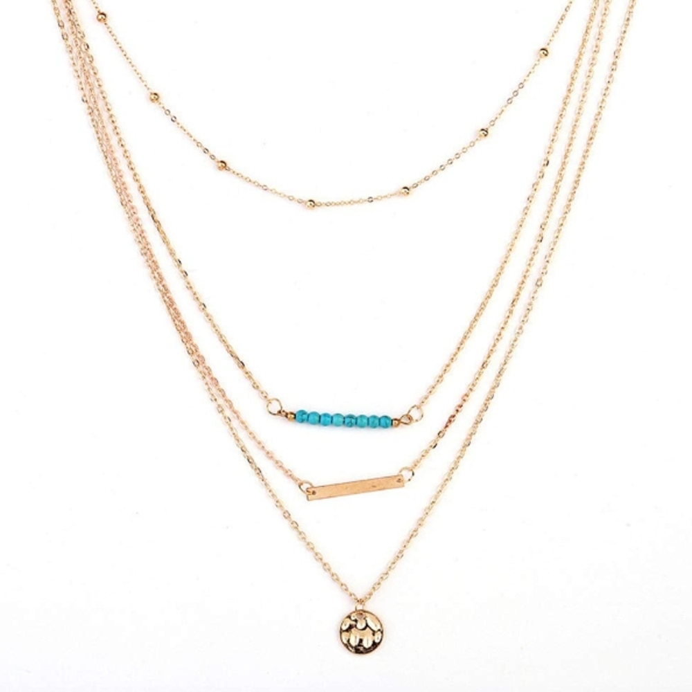 Gold 4 Layered Blue Bead Bar Disc Necklace